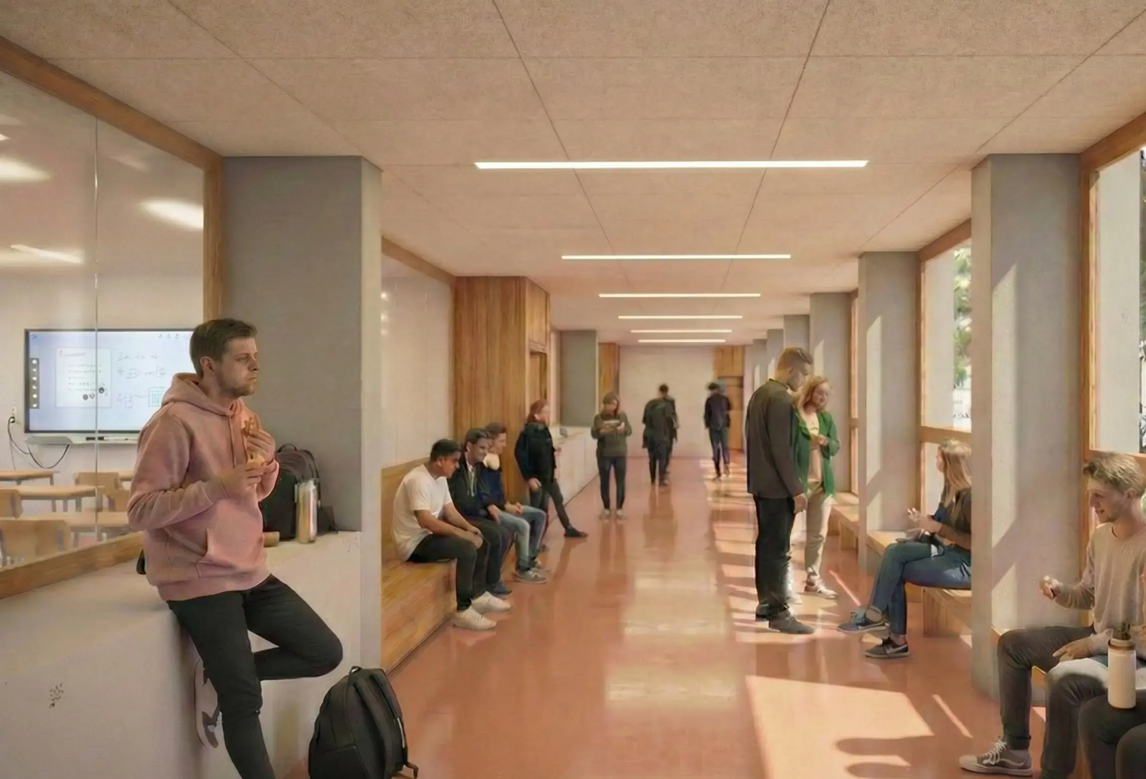 Render interior de un pasillo luminoso con grandes ventanales, bancos de madera integrados y estudiantes.