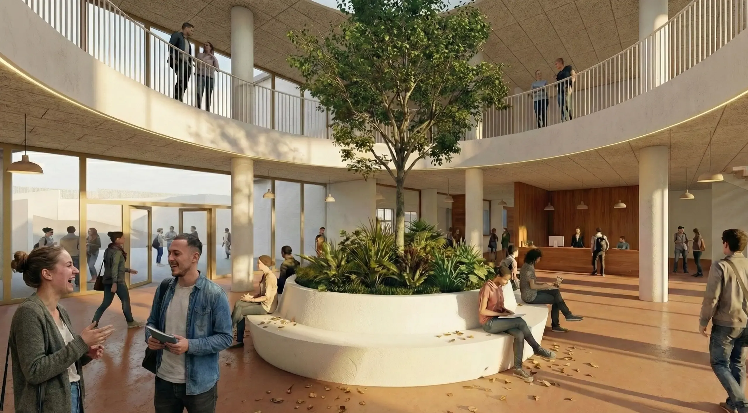 Render del atrio interior a doble altura con pasillos curvos superiores y un árbol central rodeado de asientos circulares.