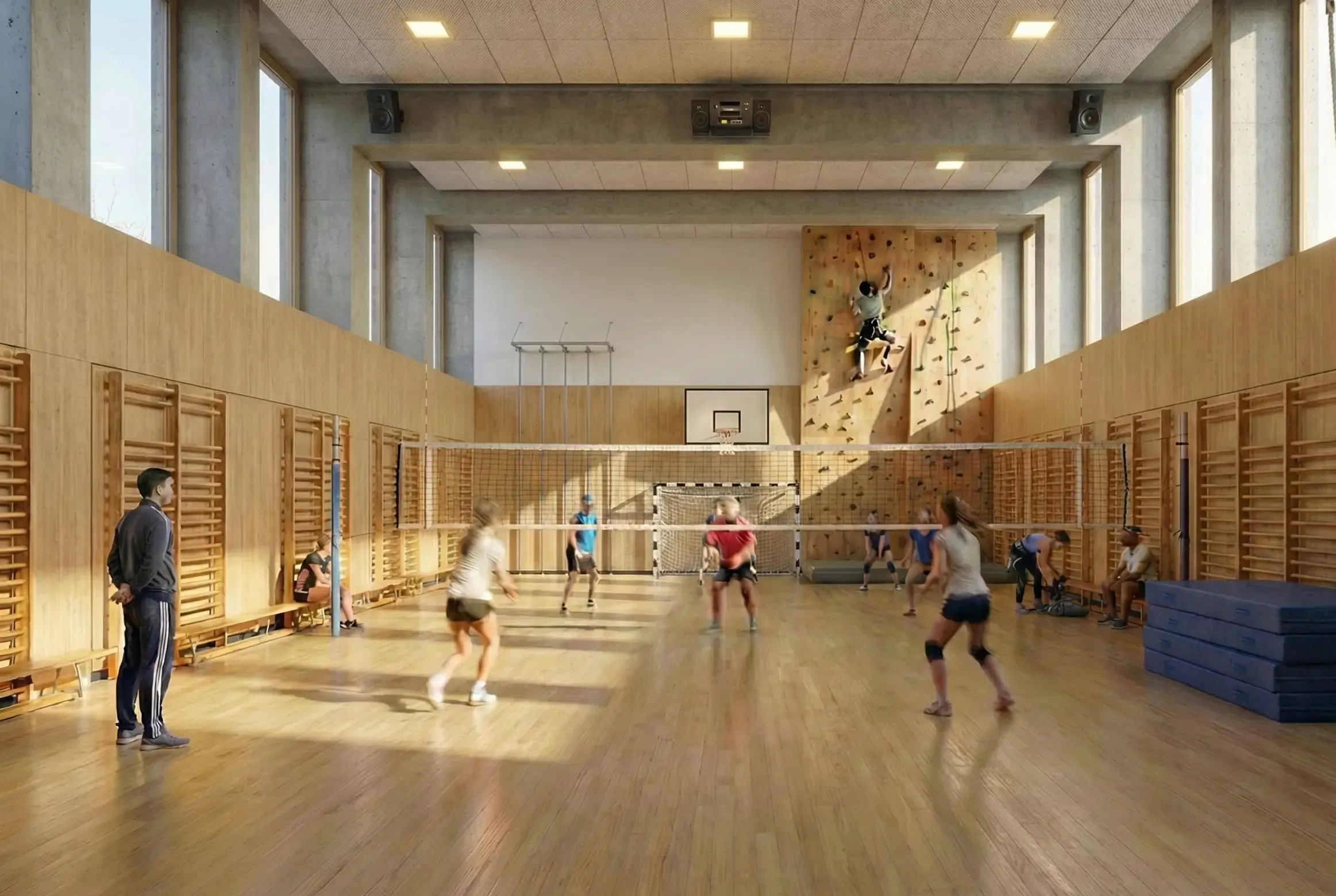 Render interior del pabellón deportivo revestido en madera con muro de escalada y pista de voleibol.