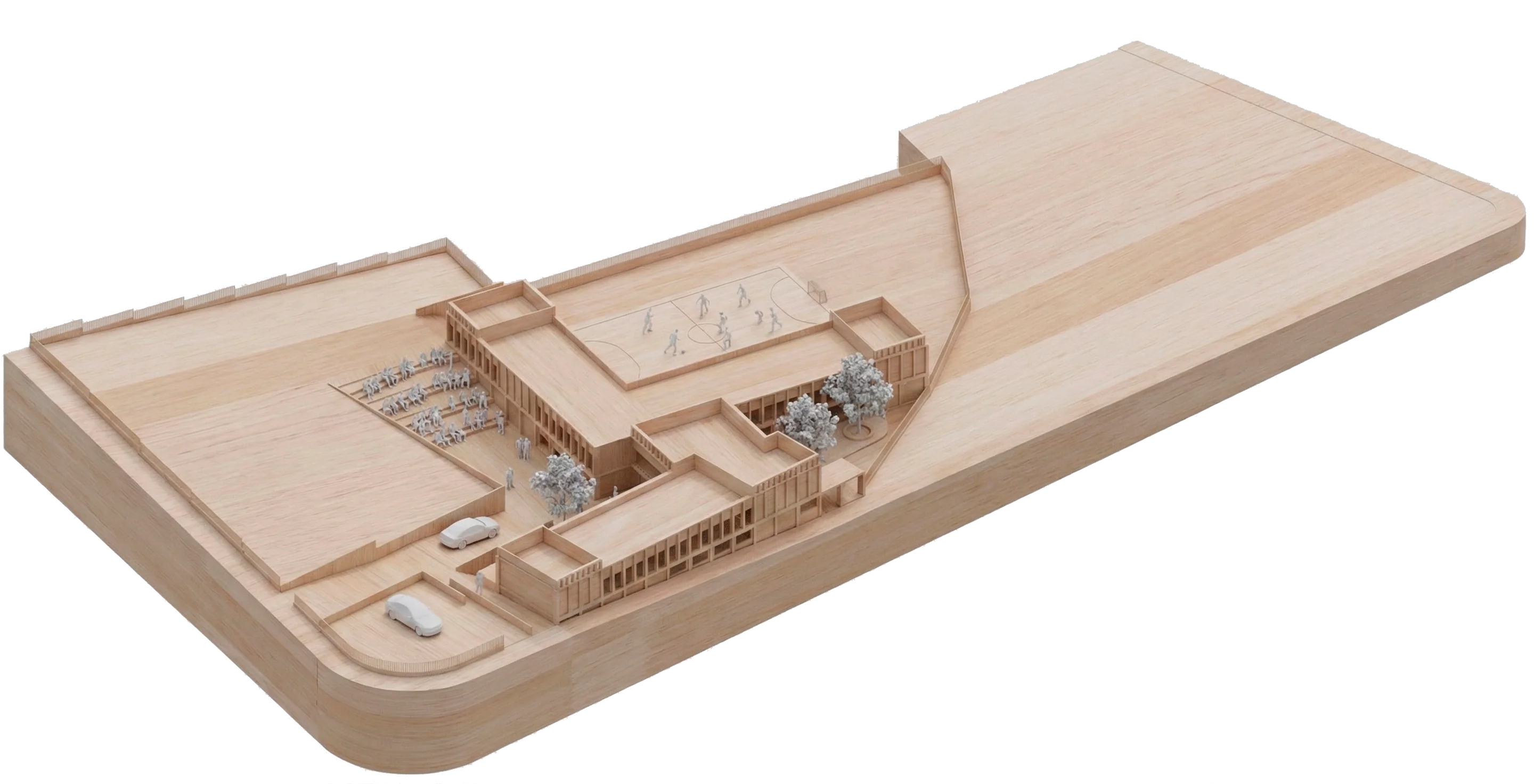 Maqueta volumétrica del proyecto mostrando la implantación del edificio adaptándose al desnivel del terreno.
